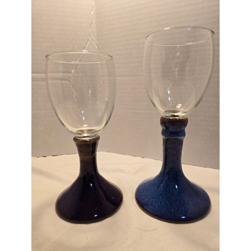 Handmade Studio Pottery Mixed Media Wine Goblets Blue‎ Purple Set of 2